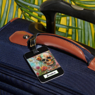 Modern Colourful Skull Flowers Luggage Tag