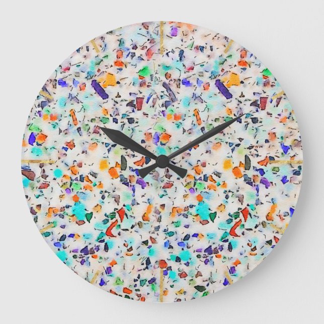 Modern Colourful Speckles Terrazzo Watercolor Pain Large Clock (Front)