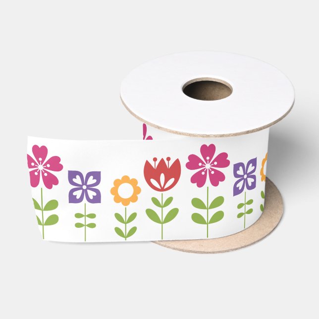 Modern Colourful Spring Flowers Satin Ribbon (Spool)