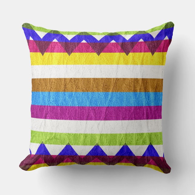 Modern Colourful Stripe Chevron Leather #3 Throw Pillow (Front)