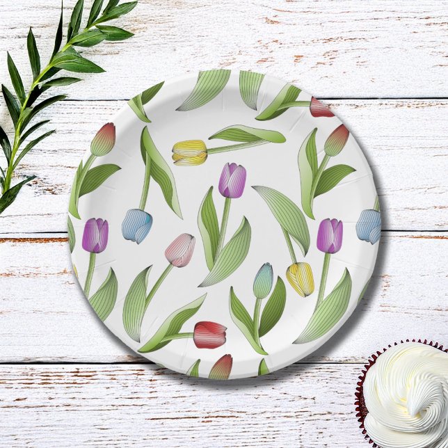 Modern Colourful Tulip Floral Pattern Paper Plate (Creator Uploaded)