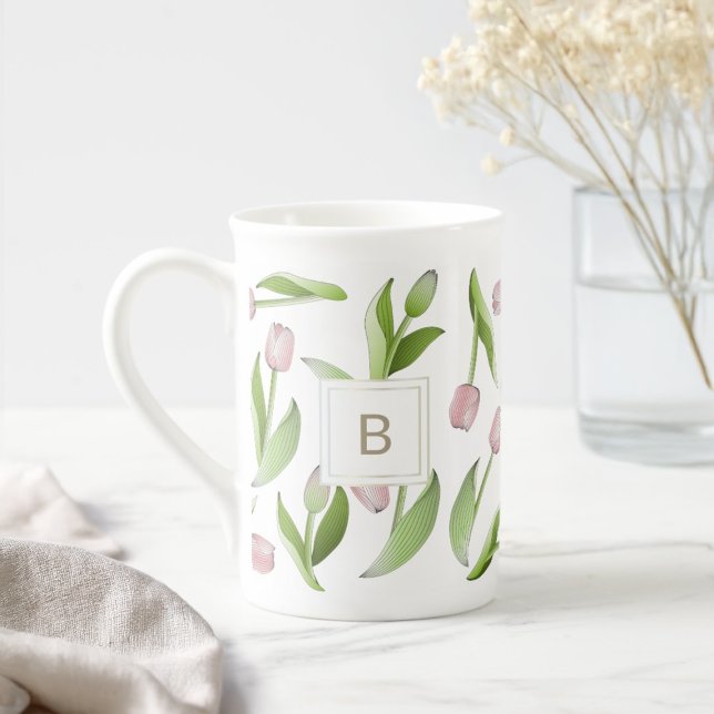 Modern Colourful Tulip Flower Monogram  Bone China Mug (Creator Uploaded)