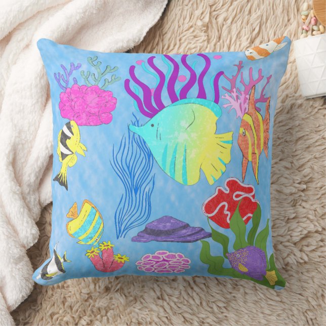 Modern Colourful Underwater Corals Fish Blue Ocean Throw Pillow (Blanket)