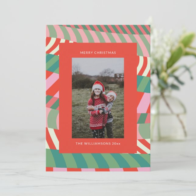 Modern Colourful Unique Red Green Pink Photo  Holiday Card (Standing Front)