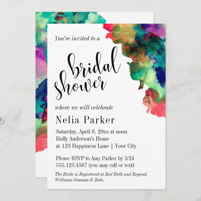 Modern Colourful Watercolor Bridal Shower 1 Invitation (Front/Back)