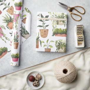 Modern Colourful Watercolor Hand Painted Pot Plant Wrapping Paper
