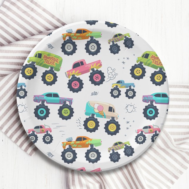 Modern Colourful Watercolor Monster Car Trucks Paper Plate (Creator Uploaded)