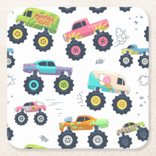 Modern Colourful Watercolor Monster Car Trucks Square Paper Coaster