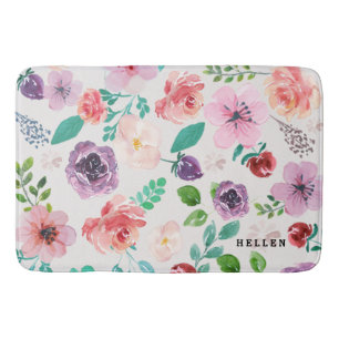 Modern Colourful Watercolors Flowers Pattern Bath Mat