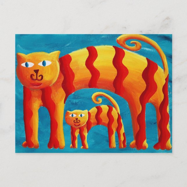 Modern Colourful Whimsical Curved Cat and Kitten Postcard (Front)