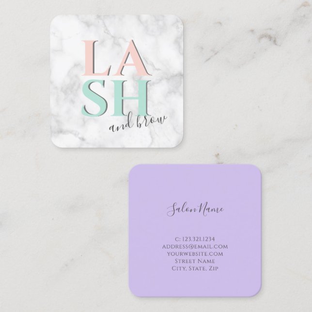 Modern colourful white marble lash and brow square business card (Front/Back)