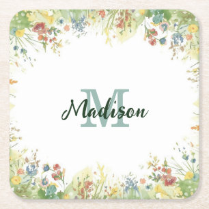 Modern Colourful  Wildflower Flower summer monogra Square Paper Coaster