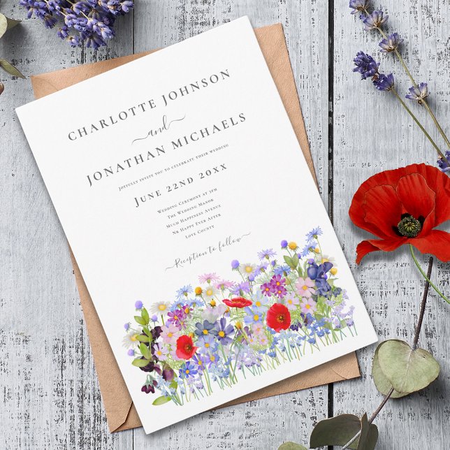 Modern Colourful Wildflower Wedding Invitation (Modern colorful wildflower meadow wedding invitation with boho chic red poppy blue cornflower)