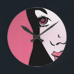 Modern Comic Book Pop Art of Woman's Face Round Clock<br><div class="desc">Modern Comic Book Pop Art of Woman's Face</div>
