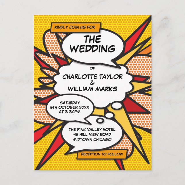Modern Comic Book Pop Art Wedding Invitation Postcard (Front)