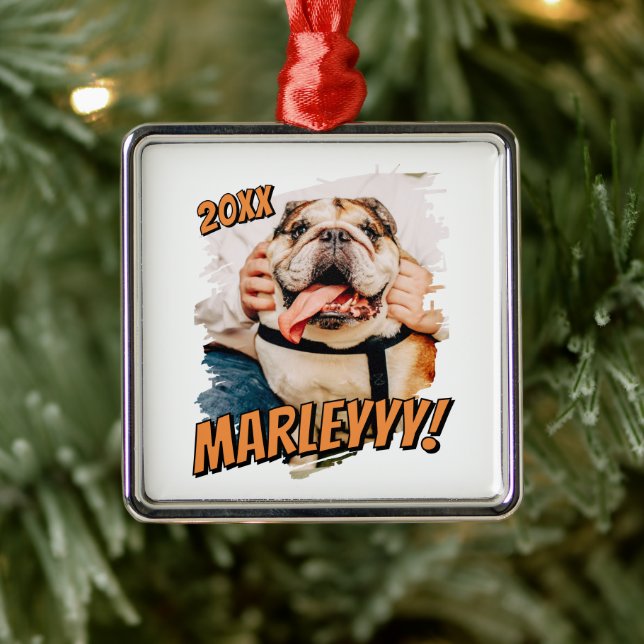 Modern Comic Simple Grunge Custom Pet Photo Metal Ornament (Tree)