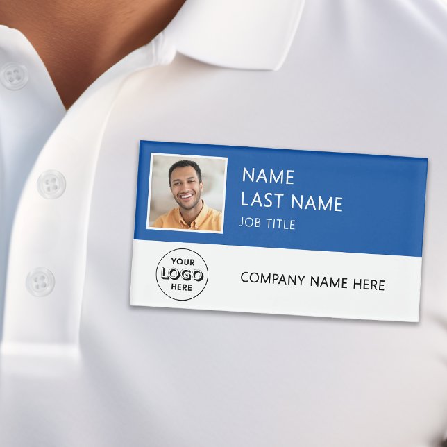 Modern Company Logo Blue Employee Photo Name Tag (Creator Uploaded)