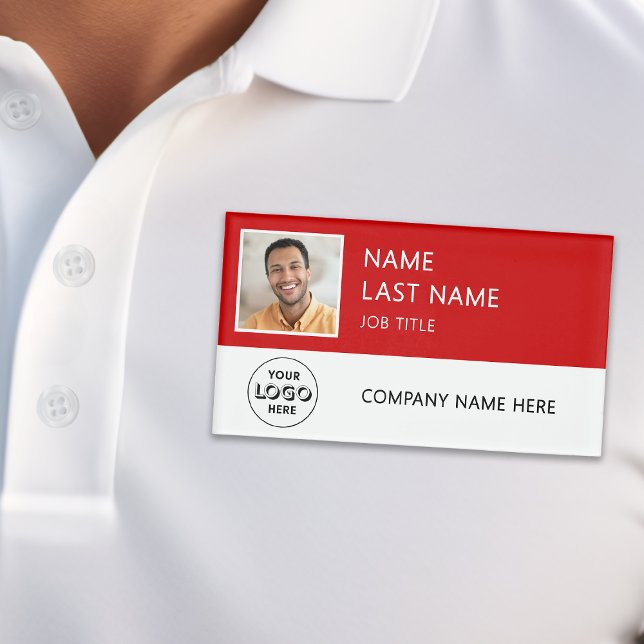 Modern Company Logo Red Employee Photo Name Tag (Creator Uploaded)