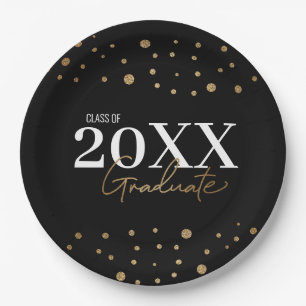 Modern Confetti Black Gold Class of 2024 Graduate  Paper Plate
