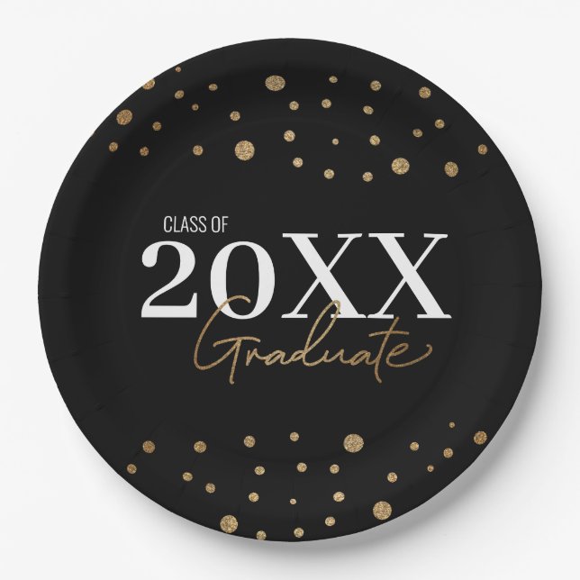 Modern Confetti Black Gold Class of 2024 Graduate  Paper Plate (Front)