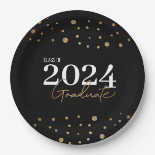 Modern Confetti Black Gold Class of 2024 Graduate  Paper Plate