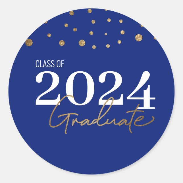 Modern Confetti Blue Gold Class of 2024 Graduate  Classic Round Sticker (Front)