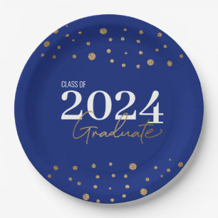 Modern Confetti Blue Gold Class of 2024 Graduate   Paper Plate