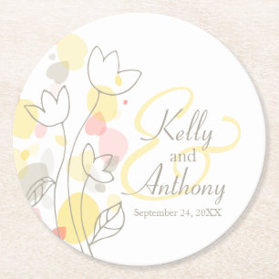 Modern confetti flower name date wedding coasters