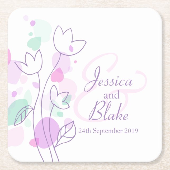Modern confetti flower name date wedding coasters (Front)