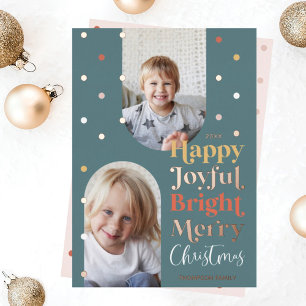Modern Confetti Happy Joyful Bright Two Photo Arch Foil Holiday Card