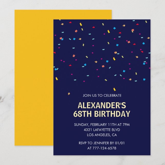 Modern Confetti Navy blue Men 68th birthday Invitation (Front/Back)