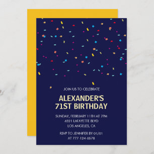 Modern Confetti Navy blue Men 71st birthday Invitation