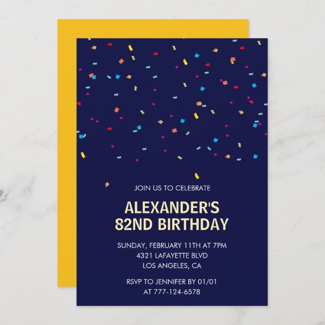 Modern Confetti Navy blue Men 82nd birthday Invitation (Front/Back)
