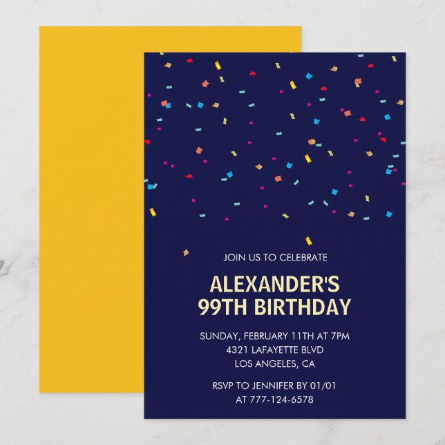 Modern Confetti Navy blue Men 99th birthday Invitation (Front/Back)