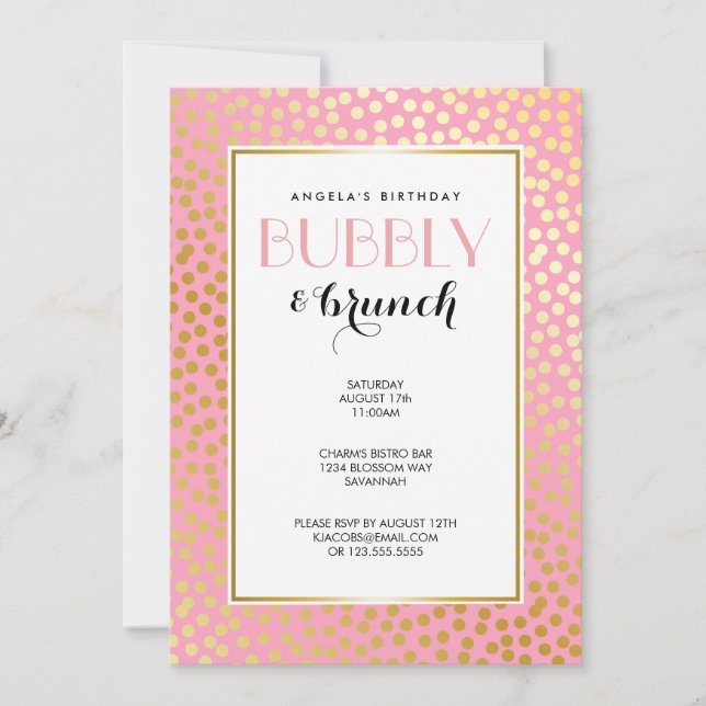 Modern Confetti Polka Dots Pink Gold Brunch Invitation (Front)