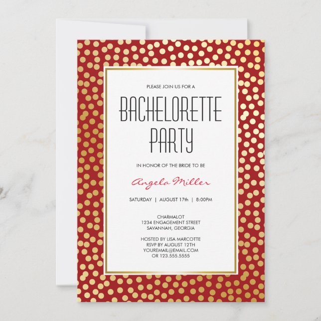 Modern Confetti Polka Dots Red Gold Party Invitation (Front)