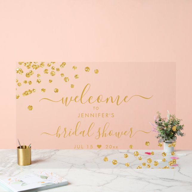 Modern Confetti Script Bridal Shower Welcome Gold Acrylic Sign (Wedding)