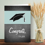 Modern Congrats Chalkboard Graduation Card<br><div class="desc">Modern Congrats Chalkboard Graduation Card with a Graduate Name. Graduation card with graduation cap, modern white typography text Congrats and a name of the graduate on the front side - personalize with your name. The text is on a modern grey chalkboard background and the cap is on blue. Personalize the...</div>