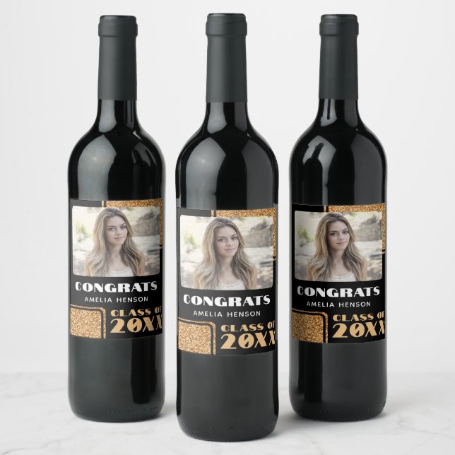Modern Congrats Graduate Gold Glitter Photo    Wine Label (Bottles)