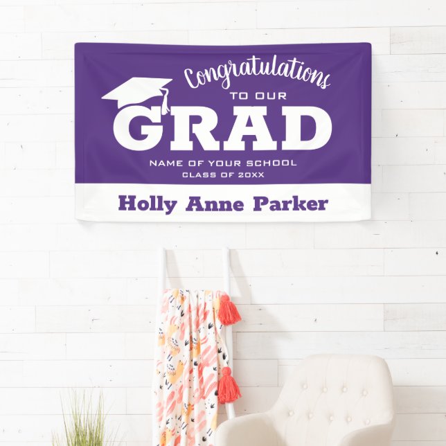 Modern Congratulations Grad White on Purple Banner (Insitu)