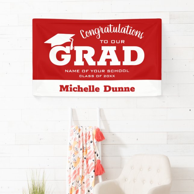 Modern Congratulations Grad White on Scarlet Red Banner (Insitu)