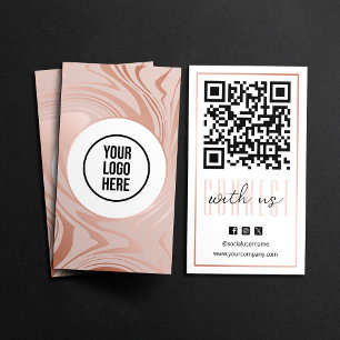 Modern Connect With Us QR Code Rose Gold White Business Card