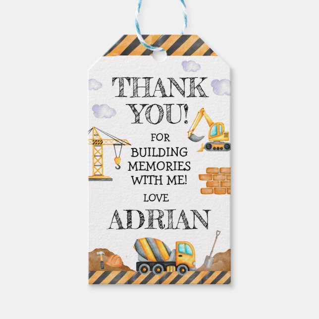 Modern Construction Birthday Gift Tags (Front)