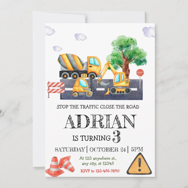 Modern Construction Birthday Invitation (Front)