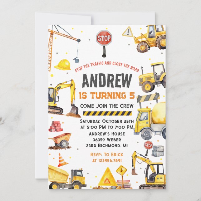 Modern Construction Birthday Party custom image Invitation (Front)
