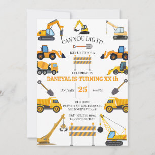 Modern Construction Simple Kid's Birthday Invitation
