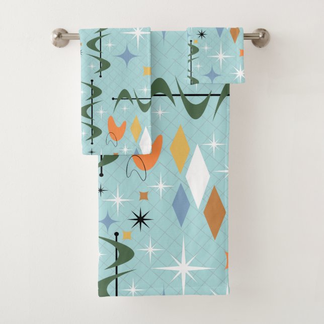 Modern contemporary 50s abstract starbursts blue bath towel set (Insitu)