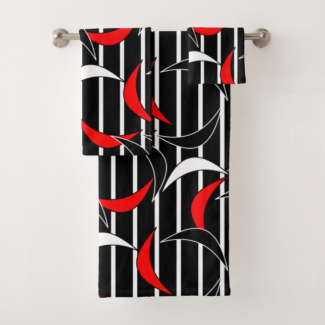 Modern Contemporary Abstract Black Red Pattern Bath Towel Set (Insitu)