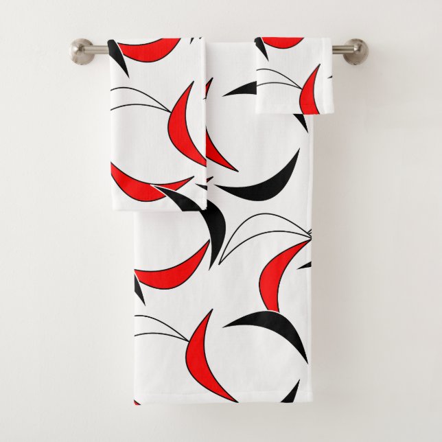 Modern Contemporary Abstract Black Red Pattern Bath Towel Set (Insitu)