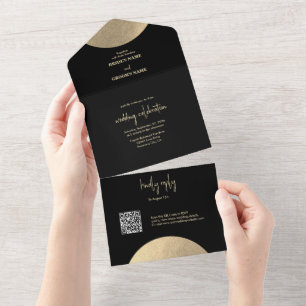 Modern Contemporary Black & Gold Abstract Wedding All In One Invitation